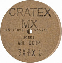 Cratex - 3" Diam x 1/4" Hole x 3/8" Thick, 80 Grit Surface Grinding Wheel - Aluminum Oxide, Type 1, Medium Grade, 12,095 Max RPM, No Recess - A1 Tooling