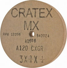 Cratex - 3" Diam x 1/4" Hole x 3/8" Thick, 120 Grit Surface Grinding Wheel - Aluminum Oxide, Type 1, Fine Grade, 12,095 Max RPM, No Recess - A1 Tooling