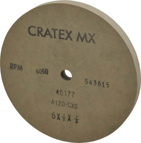 Cratex - 6" Diam x 1/2" Hole x 1/2" Thick, 120 Grit Surface Grinding Wheel - Aluminum Oxide, Type 1, Fine Grade, 6,050 Max RPM, No Recess - A1 Tooling