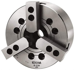 Kitagawa - 3 Jaws, 12" Chuck Diam, Plain Back Mount, 3.5827" Through Hole, Drawbar, Hydraulic Power Lathe Chuck - 31,718 Lb Force per Jaw, 1.5mm x 60 Serrated Jaw Interface, 34mm to 304mm Jaw Capacity, 3,300 RPM, High Speed Steel Body - A1 Tooling