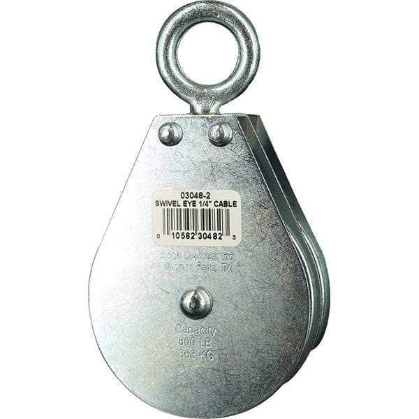 Block Division - 800 Lbs. Load Limit, Swivel Eye Standard Block - Double Sheave, 3 Inch Outside Diameter, Wire Rope, 1/4 Inch Diameter, Eye, 7/8 Inch Inside Diameter, Carbon Steel, Zinc Plated Finish - A1 Tooling