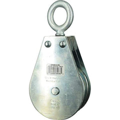 Block Division - 1, 550 Lbs. Load Limit, Swivel Eye Snatch Block - Double Sheave, 3-3/4 Inch Outside Diameter, Wire Rope, 5/16 Inch Diameter, Eye, 1-3/16 Inch Inside Diameter, Carbon Steel, Zinc Plated Finish - A1 Tooling