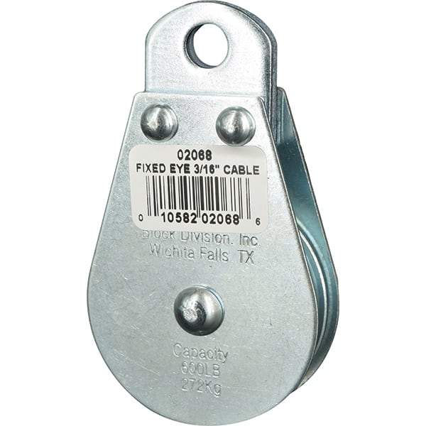 Block Division - 600 Lbs. Load Limit, Rigid Eye Block - Single Sheave, 2 Inch Outside Diameter, Wire Rope, 3/16 Inch Diameter, Eye, 3/8 Inch Inside Diameter, Carbon Steel, Zinc Plated Finish - A1 Tooling