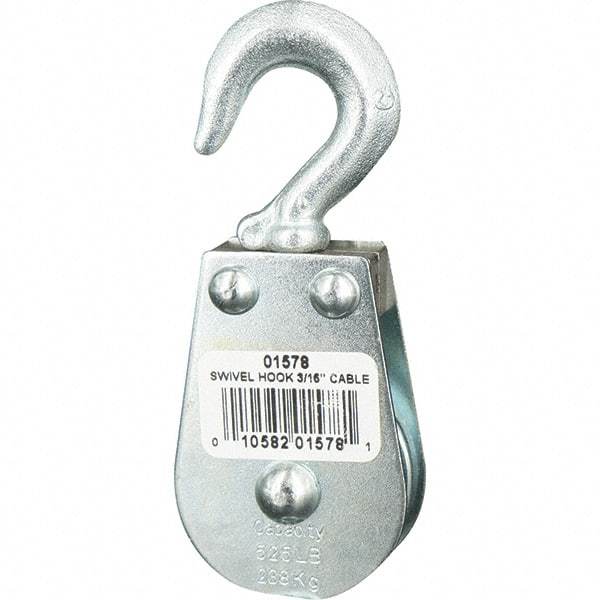 Block Division - 525 Lbs. Load Limit, Swivel Hook Block - Single Sheave, 1-1/2 Inch Outside Diameter, Wire Rope, 3/16 Inch Diameter, Eye, 3/8 Inch Inside Diameter, Carbon Steel, Zinc Plated Finish - A1 Tooling