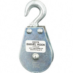 Block Division - 600 Lbs. Load Limit, Swivel Hook Block - Single Sheave, 2 Inch Outside Diameter, Wire Rope, 3/16 Inch Diameter, Eye, 3/8 Inch Inside Diameter, Carbon Steel, Zinc Plated Finish - A1 Tooling