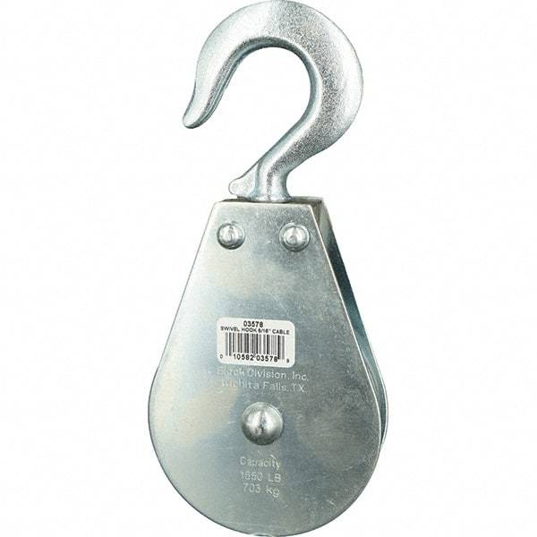 Block Division - 1, 550 Lbs. Load Limit, Swivel Hook Block - Single Sheave, 3-1/2 Inch Outside Diameter, Wire Rope, 5/16 Inch Diameter, Eye, 9/16 Inch Inside Diameter, Carbon Steel, Zinc Plated Finish - A1 Tooling