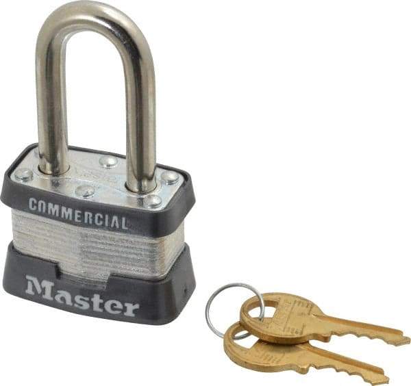 Master Lock - 1-1/2" Shackle Clearance, Keyed Different Padlock - 5/8" Shackle Width, 9/32" Shackle Diam, Laminated Steel - A1 Tooling