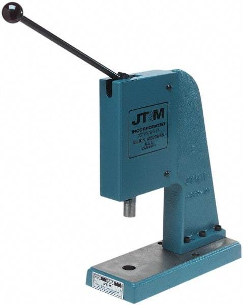 JT&M - 1" Ram, 4-3/4" Throat Depth, 2 Ton Manual Arbor Press - 5-15/16" Max Work Height x 9-1/2" Max Work Width, 5" Base Width x 13" Base Depth - A1 Tooling