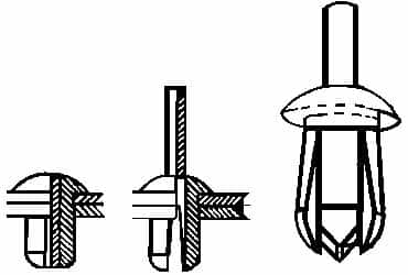 Made in USA - Round Head Nylon Push Mount Blind Rivet - Nylon Mandrel, 0.093" to 0.35" Grip, 0.38" Head Diam, 0.187" Max Hole Diam, 0.45" Length Under Head, 1/8" Body Diam - A1 Tooling