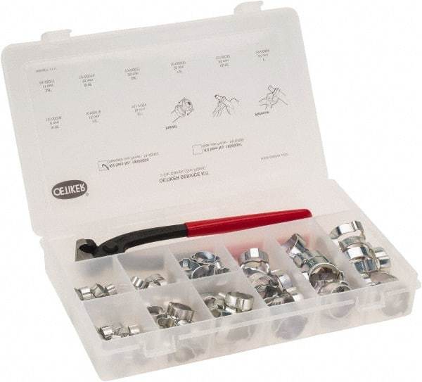 Oetiker - 124 Piece, 5/16 to 1" Diam, 2-Ear Service Clamp Kit - 123 Clamps & 1 Standard Jaw Pincers - A1 Tooling