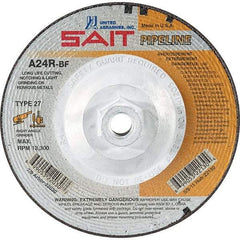 Sait - 24 Grit, 7" Wheel Diam, 1/8" Wheel Thickness, Type 27 Depressed Center Wheel - Aluminum Oxide, Resinoid Bond, R Hardness, 8,500 Max RPM, Compatible with Angle Grinder - A1 Tooling