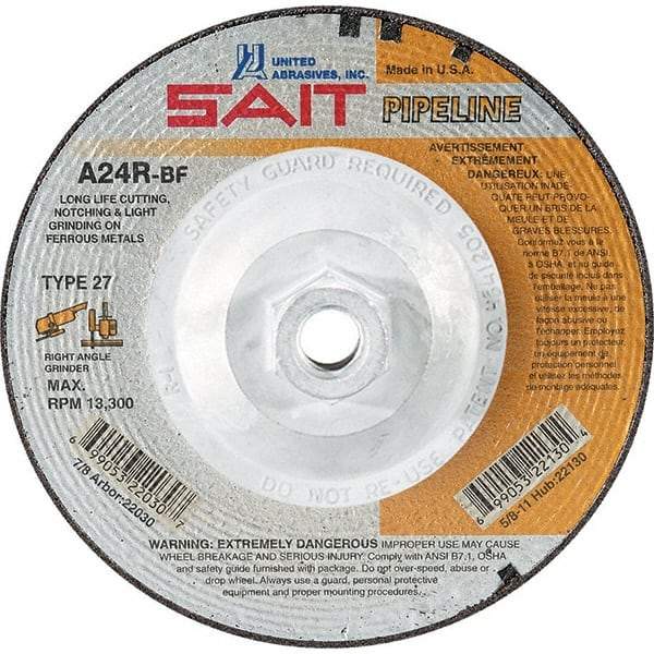 Sait - 24 Grit, 4-1/2" Wheel Diam, 1/8" Wheel Thickness, Type 27 Depressed Center Wheel - Aluminum Oxide, Resinoid Bond, R Hardness, 13,300 Max RPM, Compatible with Angle Grinder - A1 Tooling