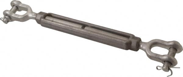 Made in USA - 2,200 Lb Load Limit, 1/2" Thread Diam, 6" Take Up, Stainless Steel Jaw & Jaw Turnbuckle - 7-1/2" Body Length, 3/4" Neck Length, 13" Closed Length - A1 Tooling