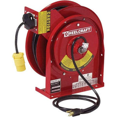 Reelcraft - 16 AWG, 50' Cable Length, Cord & Cable Reel with Single Nema 5-15 End - 1 Outlet, NEMA 4, 13 Amps, 125 Volts, SJTOW Cable, Red Reel, Spring Driven Reel - A1 Tooling