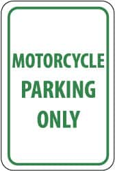 NMC - "Motorcycle Parking Only", 12" Wide x 18" High, Aluminum Reserved Parking Signs - 0.063" Thick, Green on White, Rectangle, Post Mount - A1 Tooling