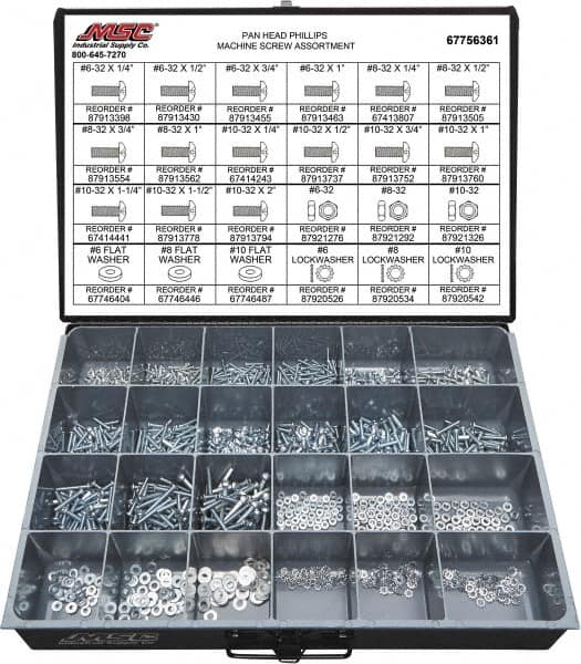 Value Collection - 1,200 Piece, #6-32 to #10-32, Steel Machine Screw Assortment - Pan Head, Phillips Drive, 1/4 to 2" Long, Grade 2 - A1 Tooling