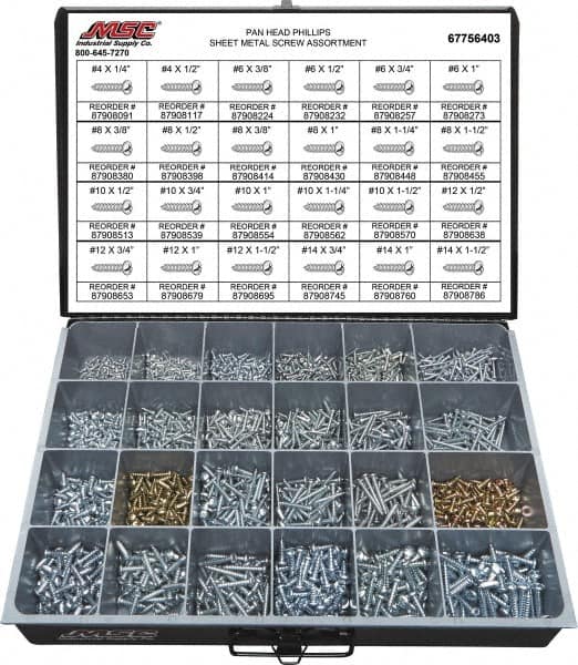 Value Collection - 2,000 Piece, #4x1/4 to #10 x 1-1/4, Steel Sheet Metal Screw Assortment - Pan Head, Phillips Drive, 1/4 to 1-1/2" Long, Grade 2 - A1 Tooling