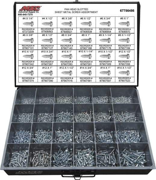 Value Collection - 2,000 Piece, #4x1/4 to #10 x 1-1/4, Steel Sheet Metal Screw Assortment - Pan Head, Slotted Drive, 1/4 to 1-1/2" Long, Grade 2 - A1 Tooling