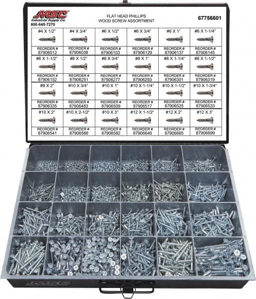 Value Collection - 2,400 Piece, #4x1/2 to #10 x 1-1/4, Steel Wood Screw Assortment - Flat Head, Phillips Drive, 1/2 to 3" Long, Grade 2 - A1 Tooling