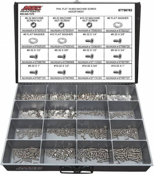 Value Collection - 1,400 Piece, #6-32 to #10-32, Stainless Steel Machine Screw Assortment - Flat Head, Phillips Drive, 1/4 to 1" Long, Grade 18-8 - A1 Tooling