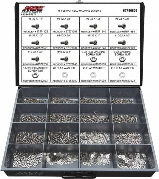 Value Collection - 1,400 Piece, #6-32 to #10-32, Stainless Steel Machine Screw Assortment - Pan Head, Phillips Drive, 1/4 to 1" Long, Grade 18-8 - A1 Tooling