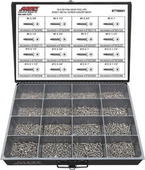 Value Collection - 1,300 Piece, #6x3/8 to #12 x 1-1/2, Stainless Steel Sheet Metal Screw Assortment - Pan Head, Phillips Drive, 3/8 to 1-1/2" Long, Grade 18-8 - A1 Tooling