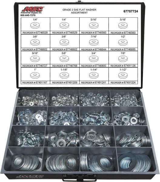 Value Collection - 1840 Piece, 1/4 to 1-1/2" Screw, Grade 2 Steel SAE Flat Washer Assortment - Includes 1/4 to 1-1/2" Screw & Compartmented Storage Case - A1 Tooling