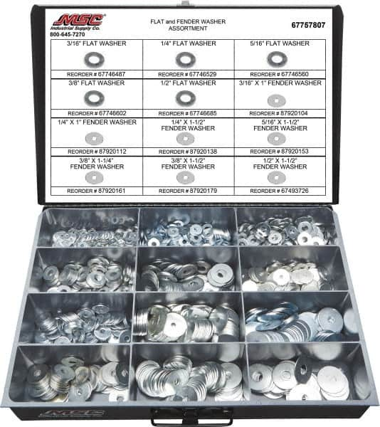 Value Collection - 1275 Piece, No. 10, 1/2" Screw, Grade 2 Steel Fender & Flat Washer Assortment - Includes 1/4 to 5/16 x 1-1/2" Screw & Compartmented Storage Case - A1 Tooling