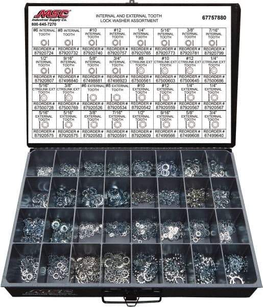 Value Collection - 2550 Piece, No. 6, 3/4" Screw, Grade 2 Steel External & Internal Tooth Lock Washer Assortment - Includes 1/4 to 12" Screw & Compartmented Storage Case - A1 Tooling