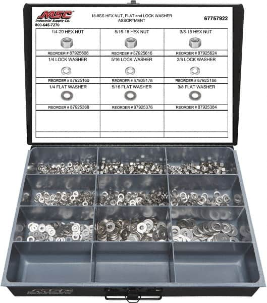 Value Collection - 1/4-20 to 3/8-16 Thread, 750 Piece Stainless Steel Nut & Washer Assortment - Grade 18-8 - A1 Tooling