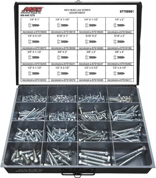 Value Collection - 375 Piece, 1/4x1 to 1/2 x 4-1/2, Steel Lag Screw Assortment - Hex Head, Hex Drive, 1 to 4-1/2" Long, Grade 2 - A1 Tooling