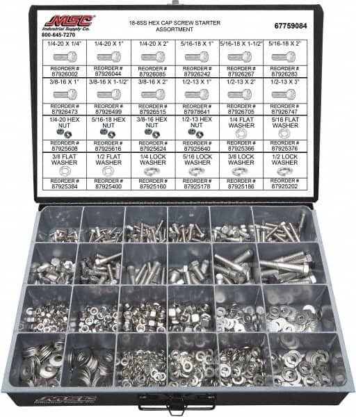 Value Collection - 1,350 Piece Stainless Steel Hex Head Cap Screws - 1/4-20 to 1/2-13 Thread, 18-8 - A1 Tooling