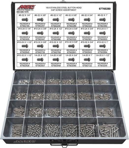 Value Collection - 800 Piece Stainless Steel Button Head Cap Screws - #8-32 to 1/4-20 Thread, 18-8 - A1 Tooling