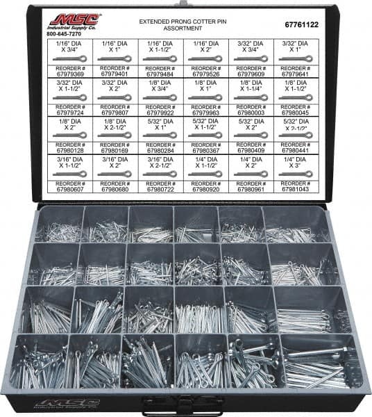 Value Collection - 2,325 Piece, 1/16 to 1/4" Pin Diam, Extended Prong Cotter Pin Assortment - 3/4 to 3" Long, Grade 2 Steel - A1 Tooling