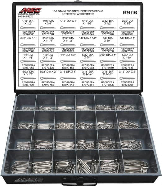 Value Collection - 1,250 Piece, 1/16 to 3/16" Pin Diam, Extended Prong Cotter Pin Assortment - 1/2 to 2" Long, 18-8 Stainless Steel - A1 Tooling