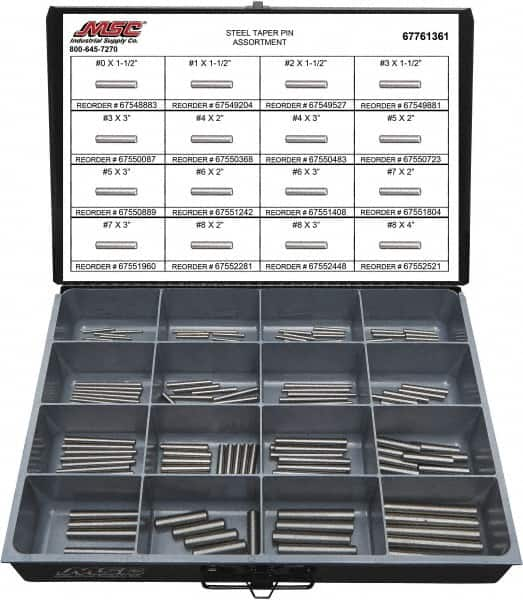 Value Collection - 130 Piece, #0 to #8" Pin Diam, Taper Pin Assortment - 1-1/2 to 4" Long, Grade 2 Steel - A1 Tooling