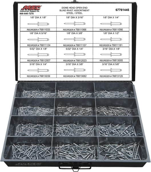 Value Collection - 1,100 Piece, 1/8 to 3/16" Hole Diam, Dome Head, Steel Blind Rivet Assortment - 1/8 to 5/8" Length, Steel Mandrel - A1 Tooling