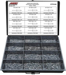 Value Collection - 1,100 Piece, 1/8 to 3/16" Hole Diam, Dome Head, Steel Blind Rivet Assortment - 1/8 to 5/8" Length, Steel Mandrel - A1 Tooling