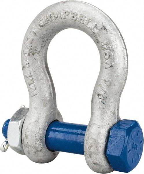 Campbell - 7/8" Nominal Chain Size, 6.5 Ton Carbon Steel Bolt Anchor Shackle - 7/8" Diam, 7/8" Pin Diam, 3-1/8" High x 1-7/16" Wide Inside Jaw, 2-1/16" Inside Width, 2" Max Body Thickness - A1 Tooling