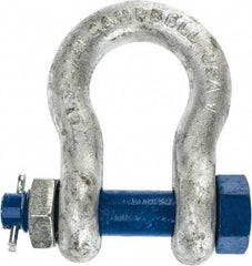 Campbell - 1" Nominal Chain Size, 8.5 Ton Carbon Steel Bolt Anchor Shackle - 1" Diam, 1" Pin Diam, 3-3/4" High x 1-11/16" Wide Inside Jaw, 2-1/2" Inside Width, 2-3/8" Max Body Thickness - A1 Tooling