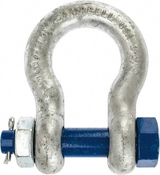 Campbell - 1-1/8" Nominal Chain Size, 9.5 Ton Carbon Steel Bolt Anchor Shackle - 1-1/8" Diam, 1-1/8" Pin Diam, 4-1/4" High x 1-13/16" Wide Inside Jaw, 2-15/16" Inside Width, 2-5/8" Max Body Thickness - A1 Tooling