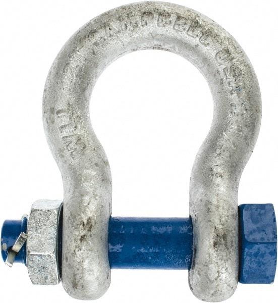 Campbell - 1-1/4" Nominal Chain Size, 12 Ton Carbon Steel Bolt Anchor Shackle - 1-1/4" Diam, 1-1/4" Pin Diam, 4-1/2" High x 2" Wide Inside Jaw, 3-1/4" Inside Width, 3" Max Body Thickness - A1 Tooling