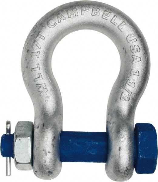 Campbell - 1-1/2" Nominal Chain Size, 17 Ton Carbon Steel Bolt Anchor Shackle - 1-1/2" Diam, 1-1/2" Pin Diam, 5-3/4" High x 2-3/8" Wide Inside Jaw, 3-7/8" Inside Width, 3-1/2" Max Body Thickness - A1 Tooling