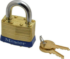 Master Lock - 15/16" Shackle Clearance, Keyed Alike Laminated Brass Padlock - 5/16" Shackle Diam, Brass - A1 Tooling