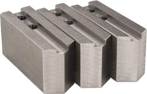 H & R Manufacturing - 1.5mm x 60° Serrated Attachment, Square Soft Lathe Chuck Jaw - 3 Jaws, Steel, 1.181" Btw Mount Hole Ctrs, 5" Long x 1-3/4" Wide x 2-1/2" High, 0.63" Groove, 12mm Fastener - A1 Tooling