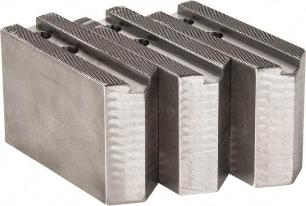 H & R Manufacturing - 1.5mm x 60° Serrated Attachment, Square Soft Lathe Chuck Jaw - 3 Jaws, Steel, 1.181" Btw Mount Hole Ctrs, 5" Long x 1-3/4" Wide x 3-1/2" High, 0.63" Groove, 12mm Fastener - A1 Tooling