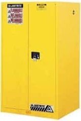 Justrite - 2 Door, 2 Shelf, Yellow Steel Standard Safety Cabinet for Flammable and Combustible Liquids - 65" High x 34" Wide x 34" Deep, Manual Closing Door, 3 Point Key Lock, 60 Gal Capacity - A1 Tooling