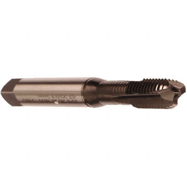 Emuge - 3/8-24 UNF, 4 Flute, Nitride Finish, Cobalt Spiral Point Tap - Modified Bottoming Chamfer, Right Hand Thread, 3-15/16" OAL, 0.709" Thread Length, 0.381" Shank Diam, 3BX Class of Fit, Series Rekord B - Exact Industrial Supply