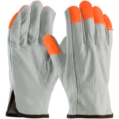 ‎68-163HV/XL Leather Drivers Gloves - TG Cowhide - Regular Grade - Hi-Vis Orange Fingertips - Keystone Thumb