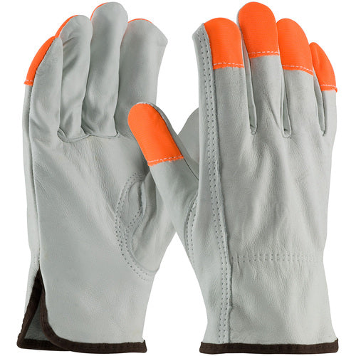 ‎68-163HV/XXL Leather Drivers Gloves - TG Cowhide - Regular Grade - Hi-Vis Orange Fingertips - Keystone Thumb